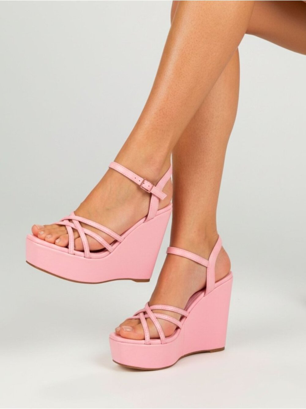 Pink Strappy Platform Wedge Sandals With Adjustable Ankle Strap For Women